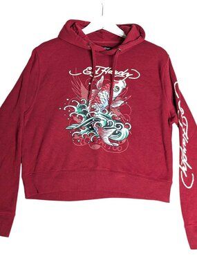 Ed Hardy Retro Y2K Koi Fish Graphic Maroon Cropped Hoodie Womens Size L Tattoo